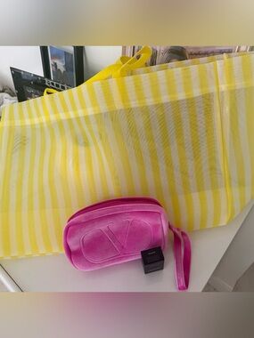 Valentino Garavani Pink Velvet Wristlet Pouch and Nordstrom tote( yellow/white)